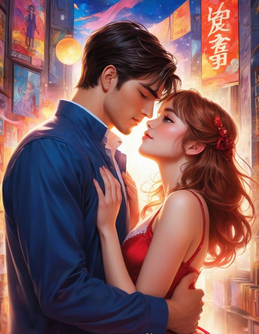 A captivating scene showcasing a couple in a passionate embrace, surrounded by vibrant comic book panels and anime-style illustrations depicting romantic moments. Their expressions reflect deep emotion, with soft glowing highlights to enhance intimacy. The background features whimsical, colorful elements that evoke a sense of fantasy and allure. perfect blend of love and art. anime-inspired, vibrant colors, comic book style.