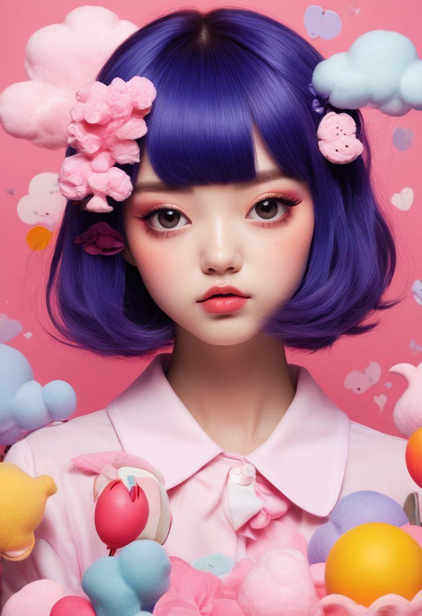 A vibrant collage blending kawaii elements with darker, kink-inspired motifs. Incorporate cute characters in pastel colors engaging in playful yet intimate scenarios, intertwined with bold graphic novel-style illustrations depicting more daring themes. Use dynamic angles and overlays to create depth, contrasting the innocence of kawaii with the edginess of kink. Include whimsical backgrounds that reflect both worlds, like candy clouds and shadowy corners. super-realistic. vibrant colors. dynamic composition.