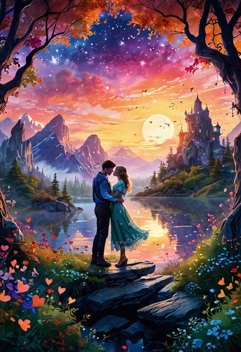 A beautifully illustrated scene of a couple embracing in a fantastical landscape, surrounded by ethereal elements like floating hearts and shimmering stars. The couple should radiate passion, with vibrant expressions and dreamlike clothing inspired by fantasy themes. The background features a sunset sky with vivid colors, lush greenery, and whimsical creatures peeking through. Emphasize romance and magic in this captivating moment. vibrant colors. fantasy art. dreamy. enchanting.